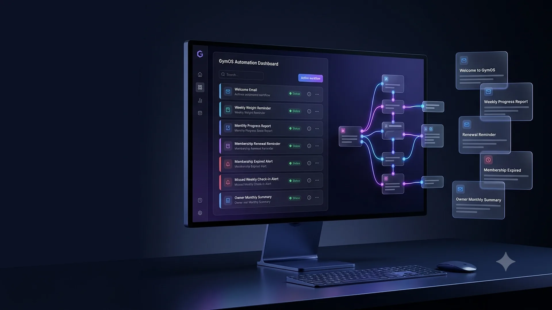 GymOS automation dashboard showing reminders and business workflows