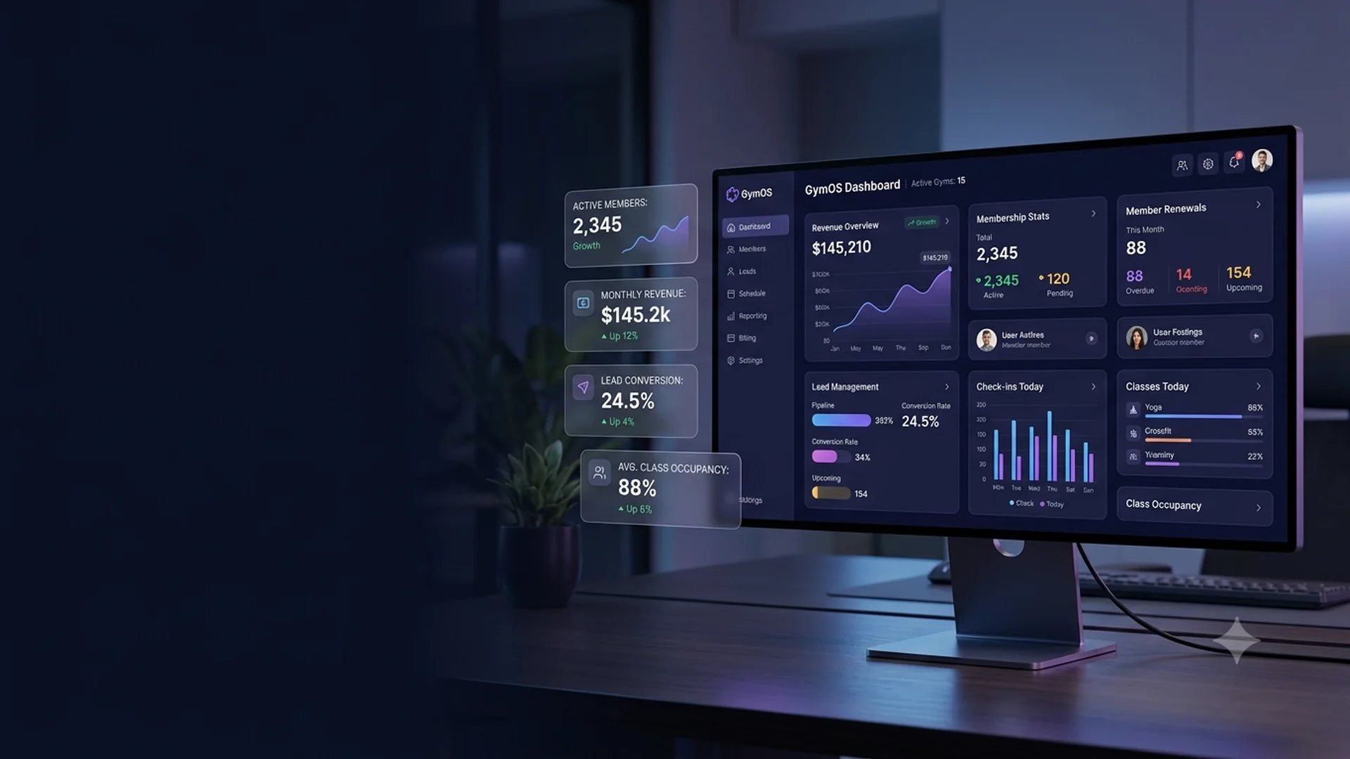 GymOS dashboard showing member metrics and renewal tracking