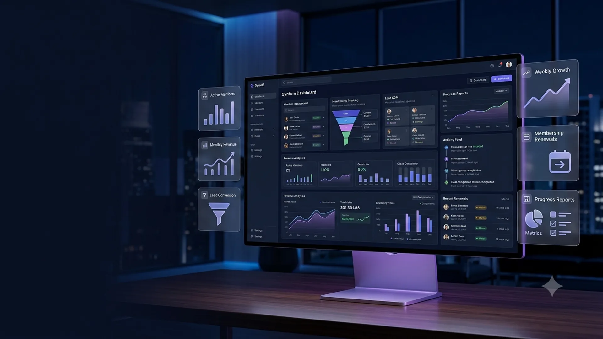 GymOS platform overview with renewal and performance dashboards