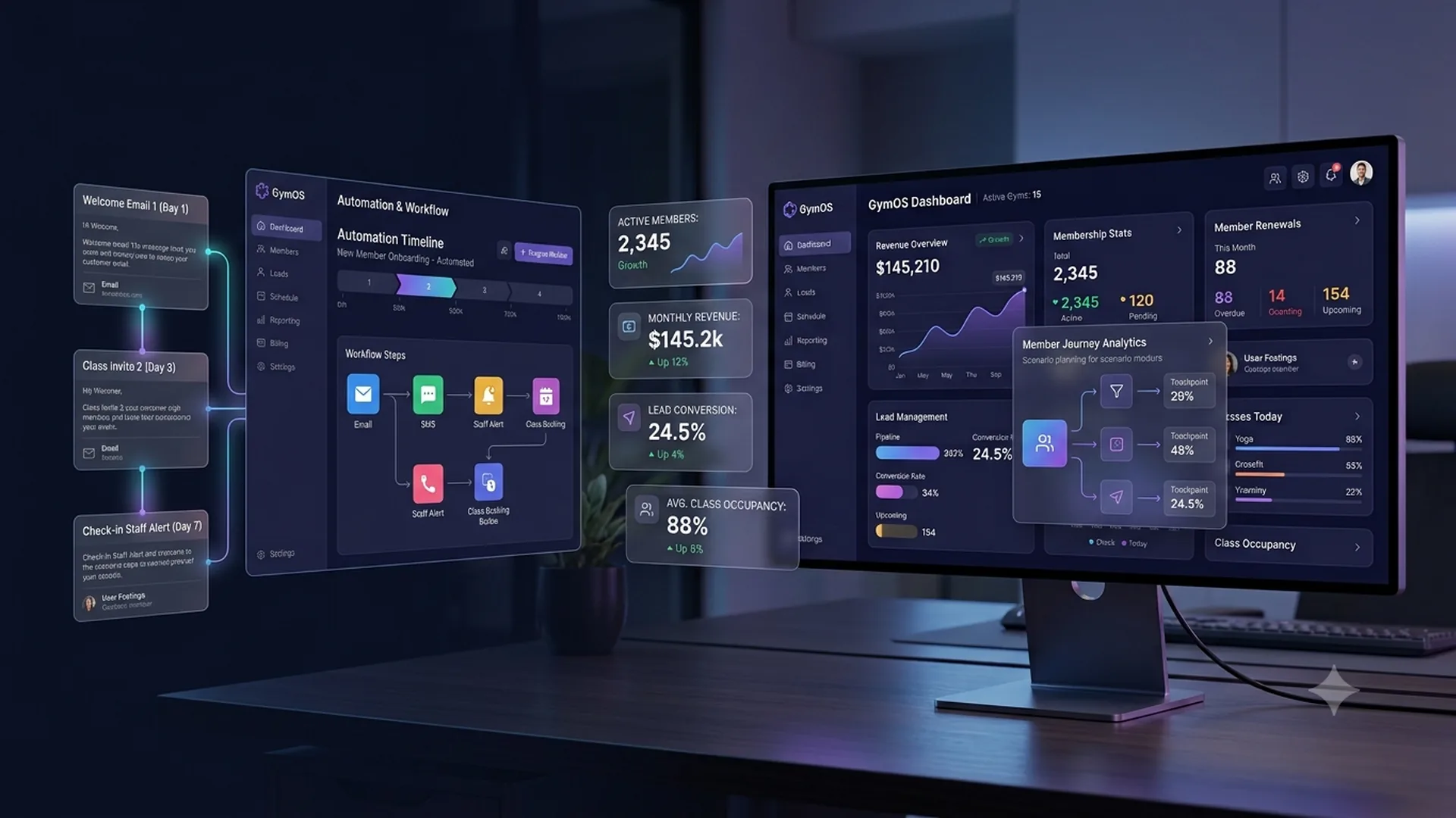 GymOS connected dashboard for leads, renewals, and progress tracking